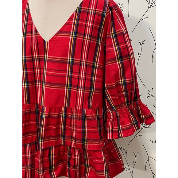 MUDPIE The Ashford Red Plaid Ruffle Tiered Vneck Top LARGE Puff Flounce Sleeve - Picture 4 of 8